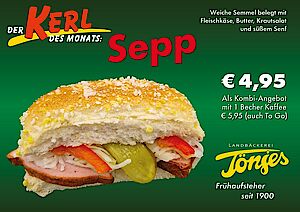 Kerl des Monats - Sepp - Weiche Semmel mit Butter, süßem Senf, belegt mit Fleischkäse und Krautsalat