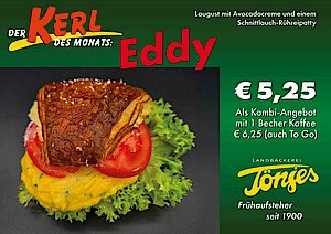 Kerl des Monats - Eddy Laugust mit Avocadocreme, Ei-Patty-Schnittlauch, Lollo Bionda und Tomate