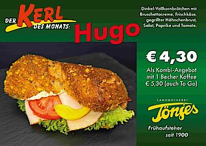 Kerl des Monats - Hugo Dinkelpower mit Bruscetta, Frischkäse, gegrillter Hähnchenbrust, Salat, Paprika und Tomate